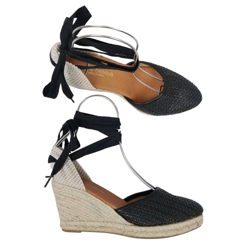 Andre Assous Ensley Espadrille Lace-Up Wedge Black Sz 39